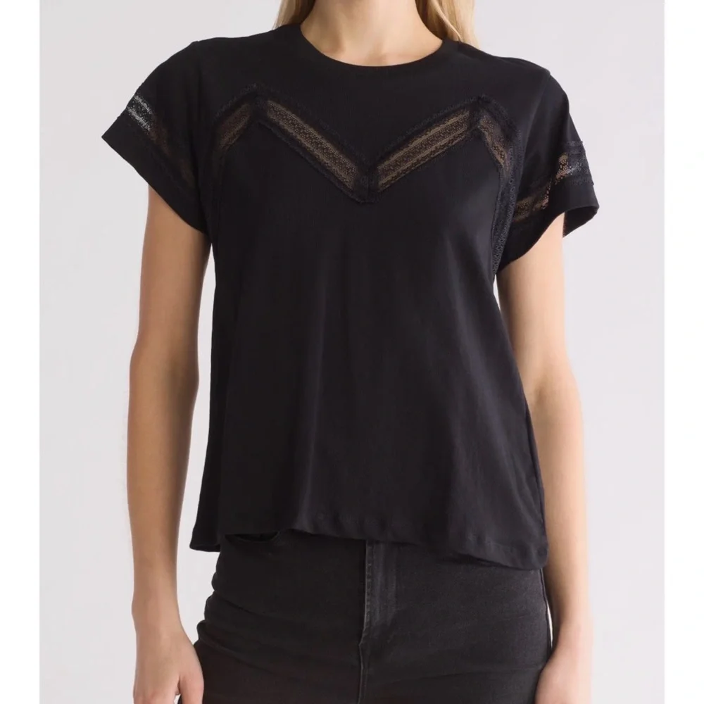 All Saints- Black 100% Cotton Lina Lace T-Shirt - Size US4, UK8, EU36 - Picture 2 of 9